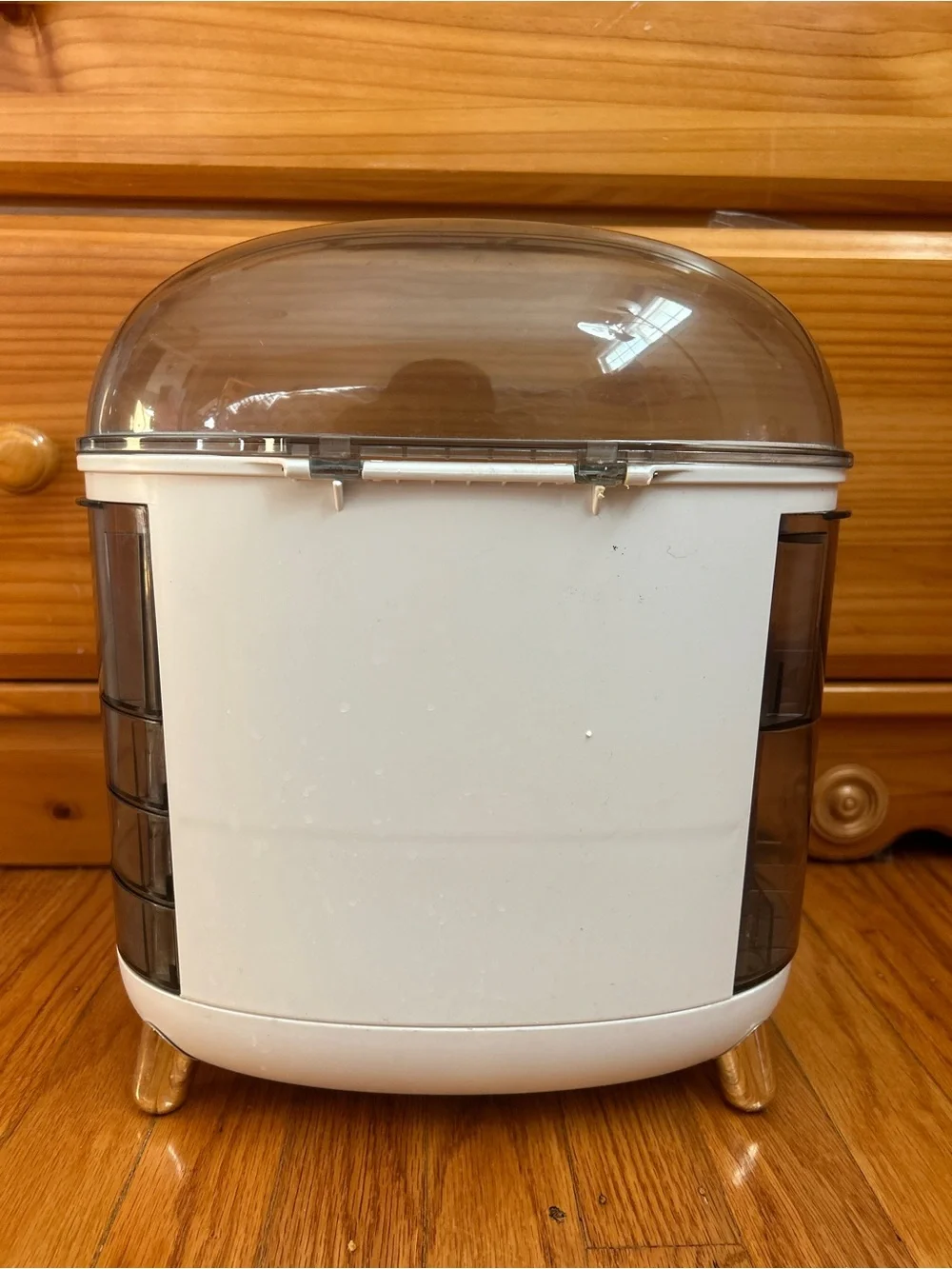 White and Smoke Plastic Storage Box Organizer with Gold Accents